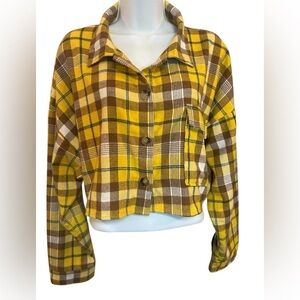 Yellow Plaid Women's Crop Top Flannel Shirt, Size L, EUC